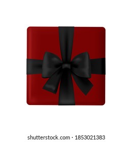 Red box with a red bow in a realistic style. Vector illustration, isolated on white background, top view