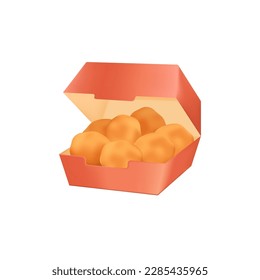 Red box with chicken nuggets 3D illustration. Cartoon drawing of container with chicken meal in 3D style on white background. Street or fast food, snacks concept
