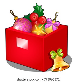 Red box with Christmas decorations and baubles isolated on white background. Sample of poster, party holiday invitation, festive card. Vector cartoon close-up illustration.