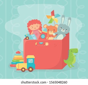 red box filled doll rabbit bear rocket wind game toys vector illustration