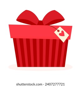 Red box gift cartoon vector illustration. Present box illustration. Cartoon red box with heart on tag
