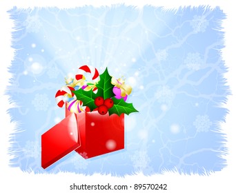 Red box with gifts for winter abstract background