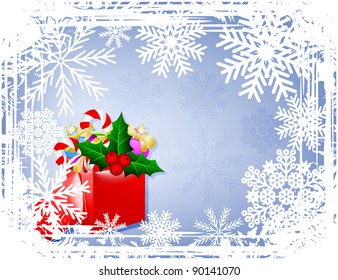 Red box with gifts for winter abstract grunge background