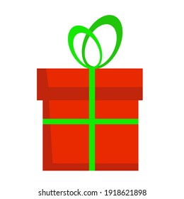Red box with a green bow. Vector illustration.