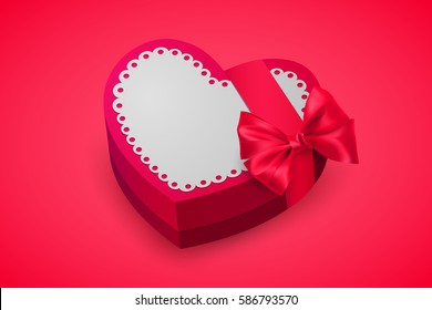 Red box in heart shape. Chocolate for Valentine's Day. Birthday gift with love. Pink gift box for lovers. Vector illustration.