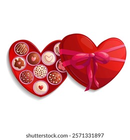 A red box of heart-shaped chocolates on a white background. The concept of romance, love, and Valentine's Day. Isolated vector illustrations for posters, banners, postcards, invitations and covers.