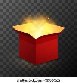 Caja roja con luz dorada mágica sobre fondo transparente