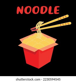 Red box Noodles with chopsticks. Ramen, noodles, fast food restaurants. Vector illustration isolated on black 