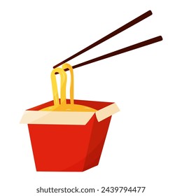 A red box with noodles and chopsticks sticking out of it. Fast food. Traditional Asian noodles. Udon. Icon element symbol. Hand drawn vector illustration.