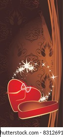 Red box on the decorative brown background. Holiday banner. Vector