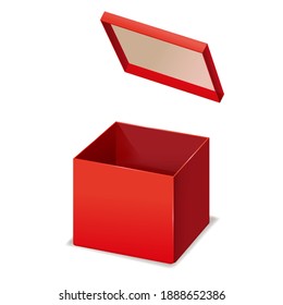 Red box opened, paper, cardboard. Vector template isolated mockup for design products, package, branding.