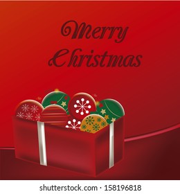 a red box with a lot of presents and text