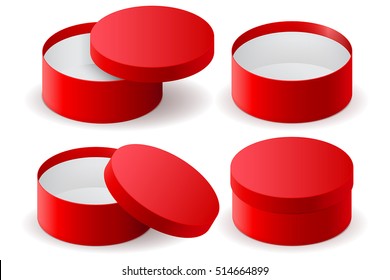 Red Box. Round Decoration Gift Box. Vector Illustration Isolated On White Background