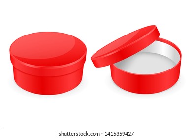 Red box. Round hat box. Open and closed empty carton. Vector illustration isolated on white background