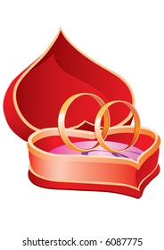 in a red box in the shape of a heart lie two gold rings without a stone, isolated object on a white background, vector illustration