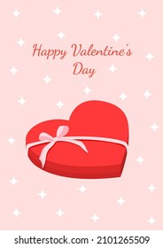 Red box in the shape of a heart with a pink bow for sweets. Vector illustration of gift wrapping for postcards, textiles, decor, poster, banner. Greeting card for Valentine's Day and other holidays.