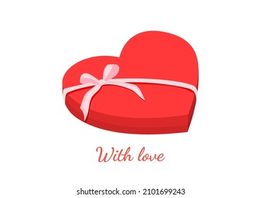 Caja roja en forma de corazón con un arco rosado para dulces. Ilustración vectorial de envoltura de regalo para postales, textiles, decoración, afiche, banner. Tarjeta de saludo para el Día de San Valentín y otros feriados.