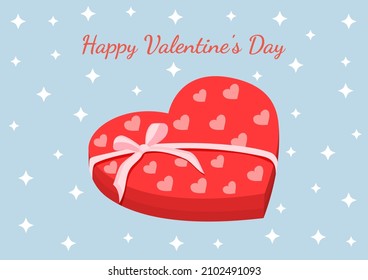 Red box in the shape of a heart with a pink bow for sweets. Vector illustration of gift wrapping for postcards, textiles, decor, poster, banner. Greeting card for Valentine's Day and other holidays.