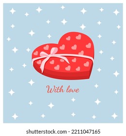 Red box in the shape of a heart with a pink bow for sweets. Vector illustration of gift wrapping for postcards, textiles, decor, poster, banner. Greeting card for Valentine's Day and other holidays.