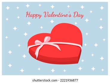 Red box in the shape of a heart with a pink bow for sweets. Vector illustration of gift wrapping for postcards, textiles, decor, poster, banner. Greeting card for Valentine's Day and other holidays