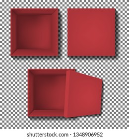 Red box vector illustration of realistic 3D cardboard or carton paper square empty package with open cap. Top view isolated mockup model on transparent background