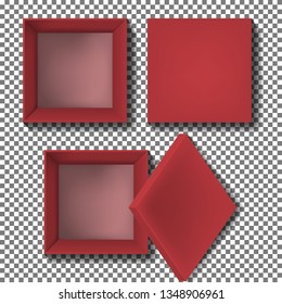 Red box vector illustration of realistic 3D cardboard or carton paper square empty package with open cap. Top view isolated mockup model on transparent background