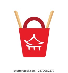 Red box with white oriental house symbol chopsticks and map pin above. Vector illustration.