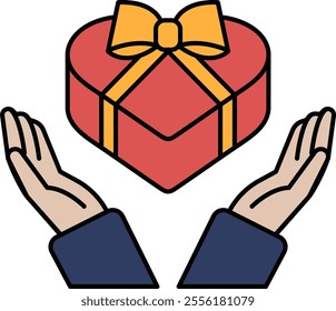 A red box with a yellow bow is being held by two hands. Concept of warmth and love, as the two hands are reaching out to embrace the gift