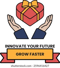 A red box with a yellow bow is being held by two hands. The box is labeled "Innovate Your Future Grow Faster"