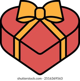 A red box with a yellow bow on top. The box is shaped like a heart. It could be a gift for someone special