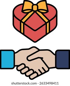 A red box with a yellow bow on top of it. The box is a gift. A hand is reaching out to shake the other hand. Concept of giving and receiving gifts, and the mood is warm and friendly