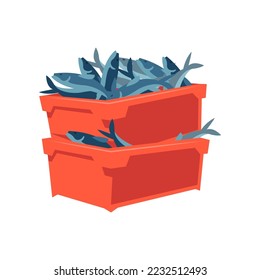 Red boxes with fish cartoon illustration. Boxes of fish. Fishery, marine industry, transportation, factory concept