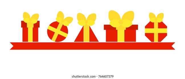 Red boxes with gifts on a ribbon, a set of five boxes with a bow