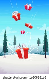 red boxes gifts pour in fall from the sky b background winter snow glade with fly clouds lue sky and fir trees , cartoon style vector illustration