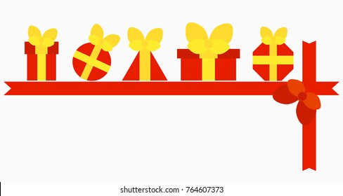 Red boxes with gifts, a set of five boxes with a bow