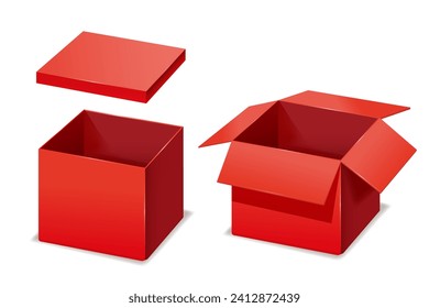 Red boxes opened, paper, cardboard. Vector template isolated mockup for design products, package, branding.