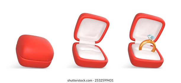 Cajas rojas para el anillo. Anillo de compromiso con piedra preciosa en caja abierta. Accesorio para propuesta de matrimonio. Ilustración vectorial
