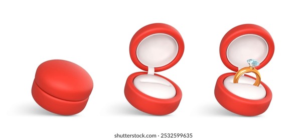 Cajas rojas para el anillo. Anillo de compromiso con piedra preciosa en caja abierta. Accesorio para propuesta de matrimonio. Ilustración vectorial
