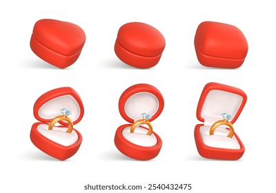 Cajas rojas para los anillos. Anillo de compromiso con piedra preciosa en caja abierta. Accesorio para propuesta de matrimonio. Ilustración vectorial