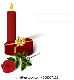 Red box-heart,  candle and a rose