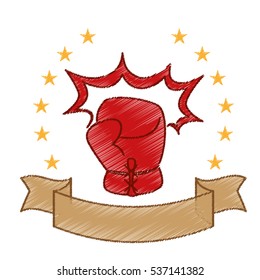 red boxing glove icon with decorative stars and ribbon over white background. sport equipment concept. colorful and sketch design. vector illustration