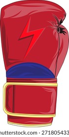 Ilustración de guante de boxeo rojo con símbolo de rayo aislado sobre fondo blanco.