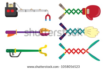 red boxing glove on an extendable scissor arm and Hand Glove On Extending Arm Gag Icon.colorful tool claw funny toy.Magnetic lifting vector. Icon robotic Arm illustration.