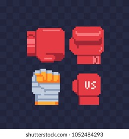 Red boxing glove pixel art style icons, achievement logo. Fist with bandage isolated vector illustration. Martial arts logo. Athletic hands. Design for logo, sticker, app. Game assets 8-bit sprite.