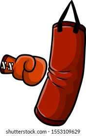 Red Boxing glove. Punch the punching bag. Sports inventory and equipment. Fight and hit. Training and championship. Cartoon drawn illustration