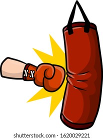 Red Boxing glove. Punch the punching bag. Fight and hit. Training and championship. Cartoon drawn illustration. Sports inventory and equipment