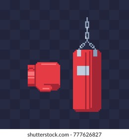 Red boxing glove and punching bag. Pixel art style icons. 8-bit sprite. Sports equipment for training in boxing. Game assets. Isolated abstract vector illustration. 