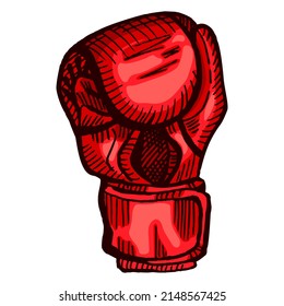 Red boxing glove sketch in isolated white background. Vintage sporting equipment for kickboxing in engraved style. Vector hand drawn design for poster, print, book illustration,tattoo.