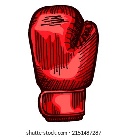 Red boxing glove sketch in isolated white background. Vintage sporting equipment for kickboxing in engraved style. Vector hand drawn design for poster, print, book illustration,tattoo.