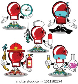 red boxing gloves in five different occupations